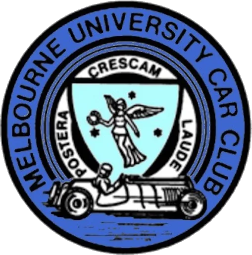 The Melbourne University Car Club crest: the university coat of arms above a vintage open-wheel racing car.