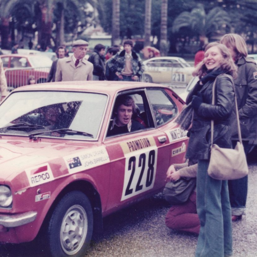 Simon Crane, Johns Birrell and Ro Nixon at the start of the Monte Carlo Rally