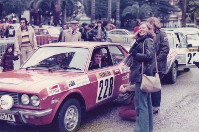 Simon Crane, Johns Birrell and Ro Nixon at the start of the Monte Carlo Rally